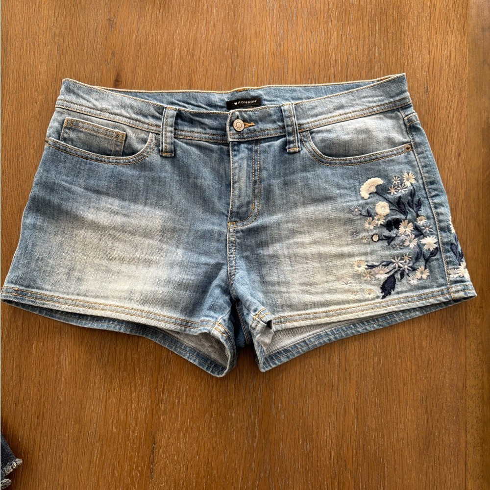 I Heart ❤️ Ronson Blue Jean Shorts with Floral Embroidery
